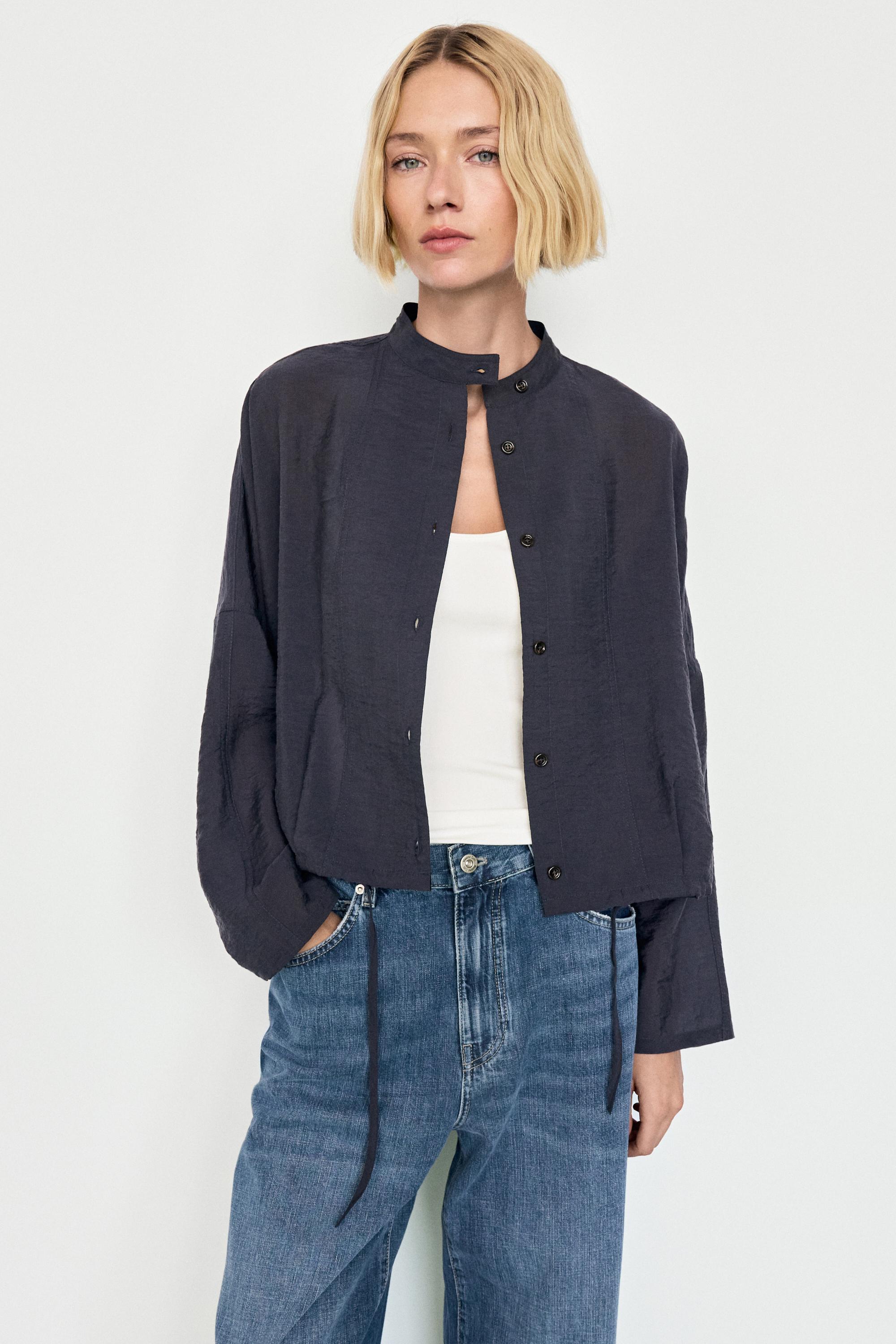 Stand collar bomber jacket with button details